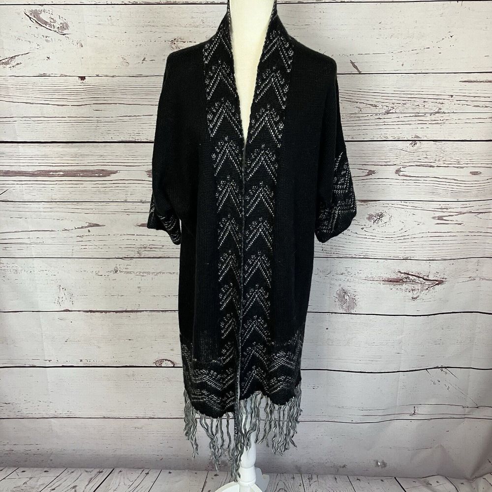 Hinge Sweater Womens One Size Black Kimono Fringe Hem Boho Hippie Open Front